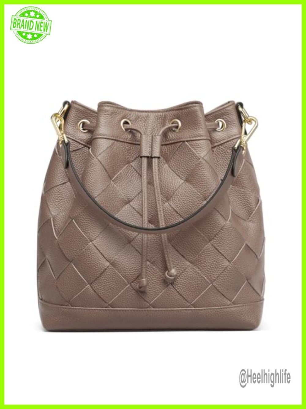 Woven Leather Bucket Bag Drawstring Crossbody Hobo with 2 Straps